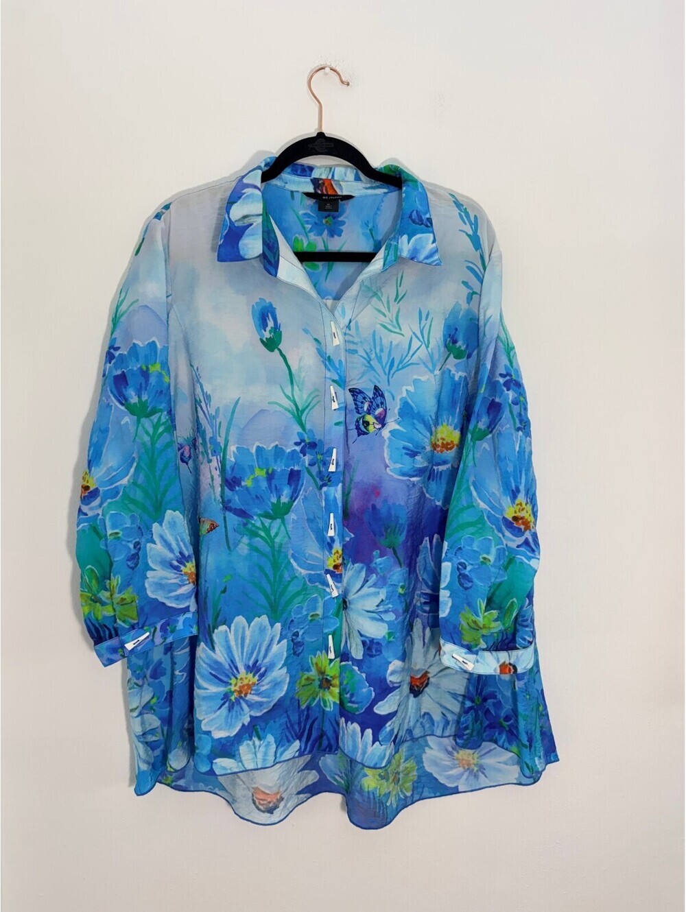 Ali Miles Blue Floral Button Front Blouse XL Lightweight Rayon Butterfly Print